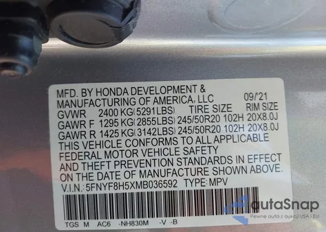 2021 Honda Passport Awd Ex-L from USA, damaged, VIN 5FNYF8H5XMB036592